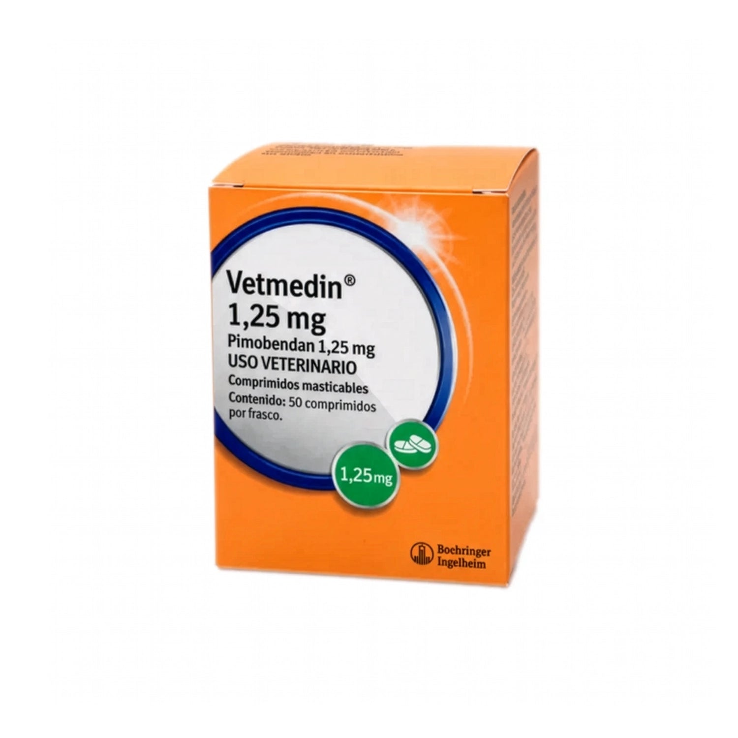 Vetmedin 1,25 mg x 50 comprimidos, medicamento veterinario con pimobendan en comprimidos masticables, caja naranja.