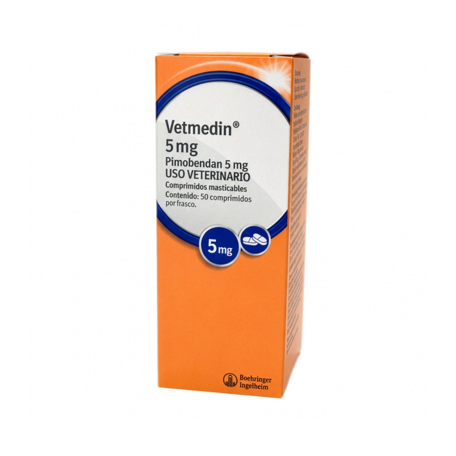 Vetmedin 5 mg x 50 comprimidos, medicamento veterinario con pimobendan en comprimidos masticables, caja naranja y blanca.