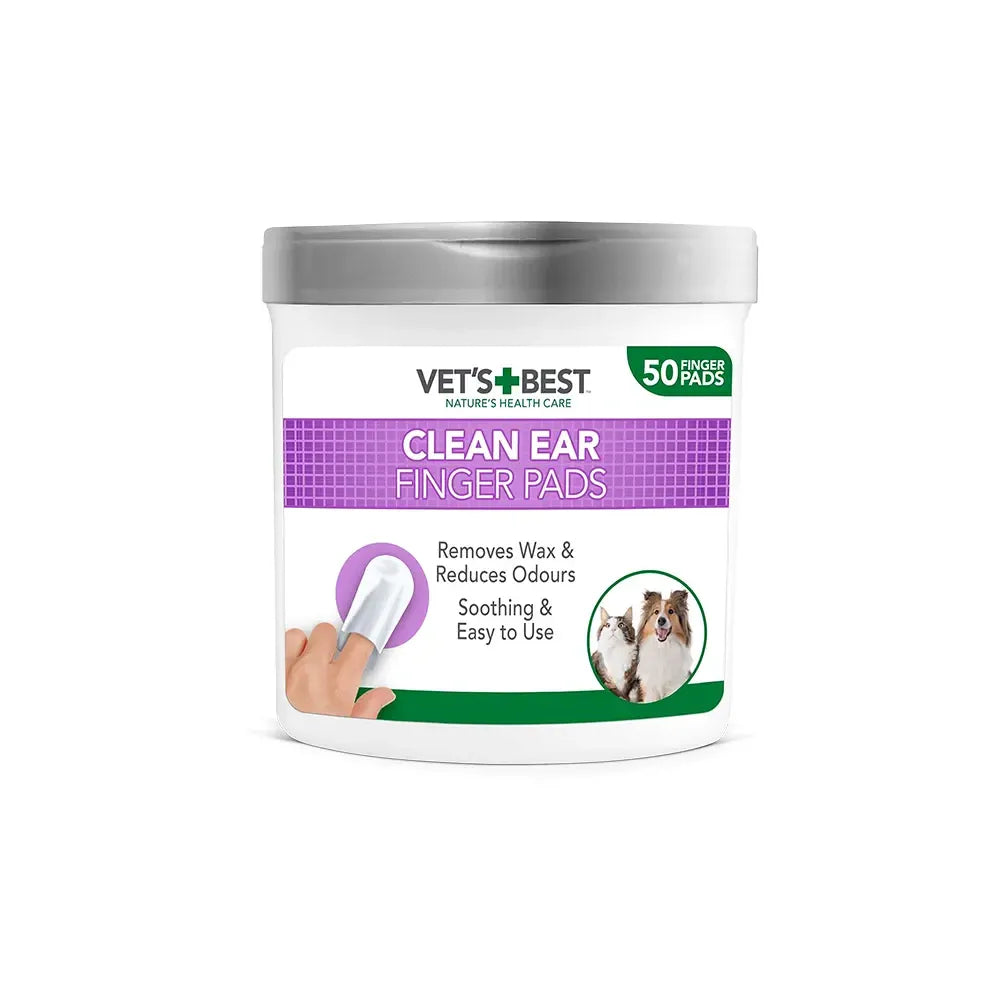 Vet's Best Toallitas para Limpieza de Orejas envase con 50 pads para limpiar oídos de perros y gatos, con almohadillas para dedo.