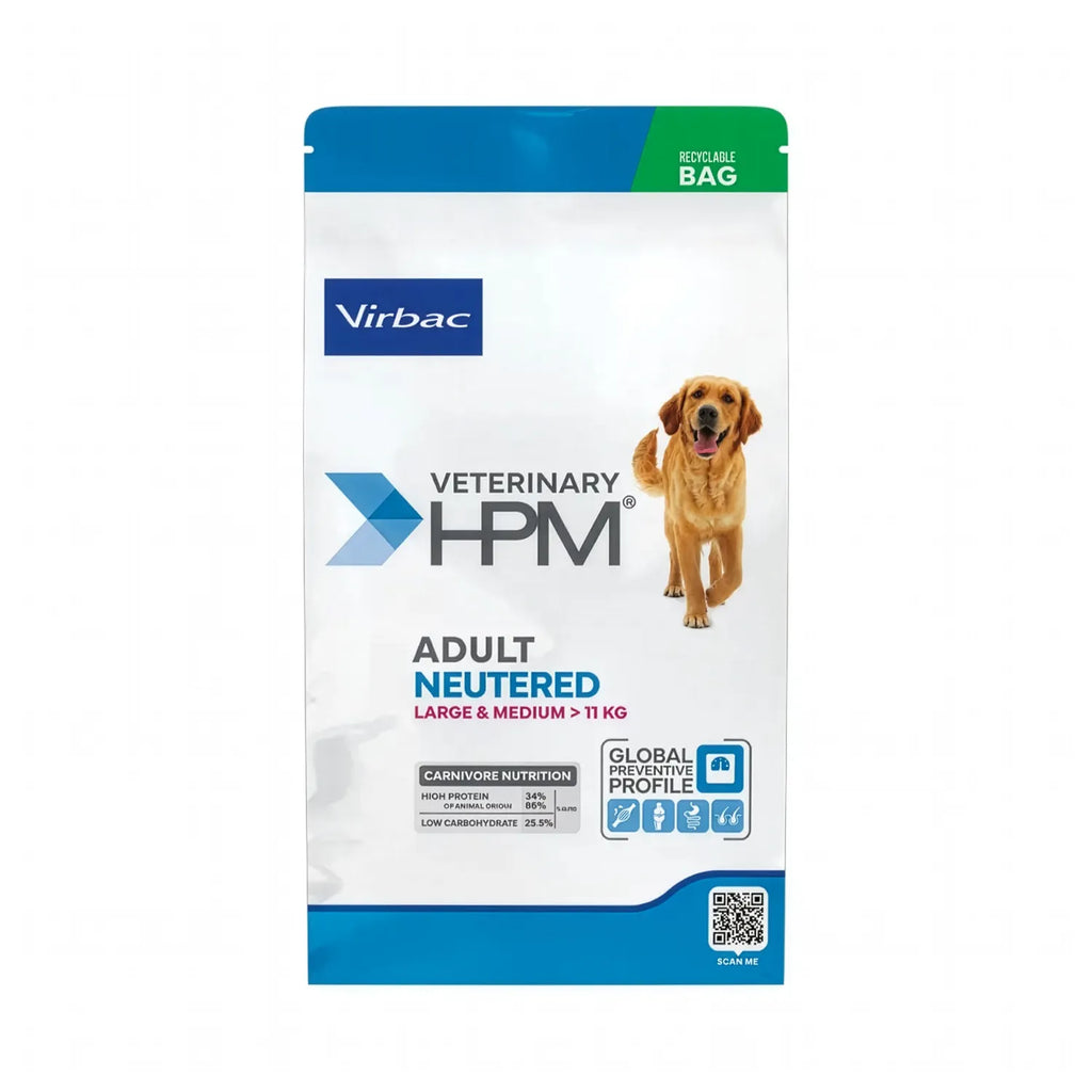 Perro Adulto Neutered Large & Medium Virbac HPM en bolsa blanca y azul con alimento para perros esterilizados