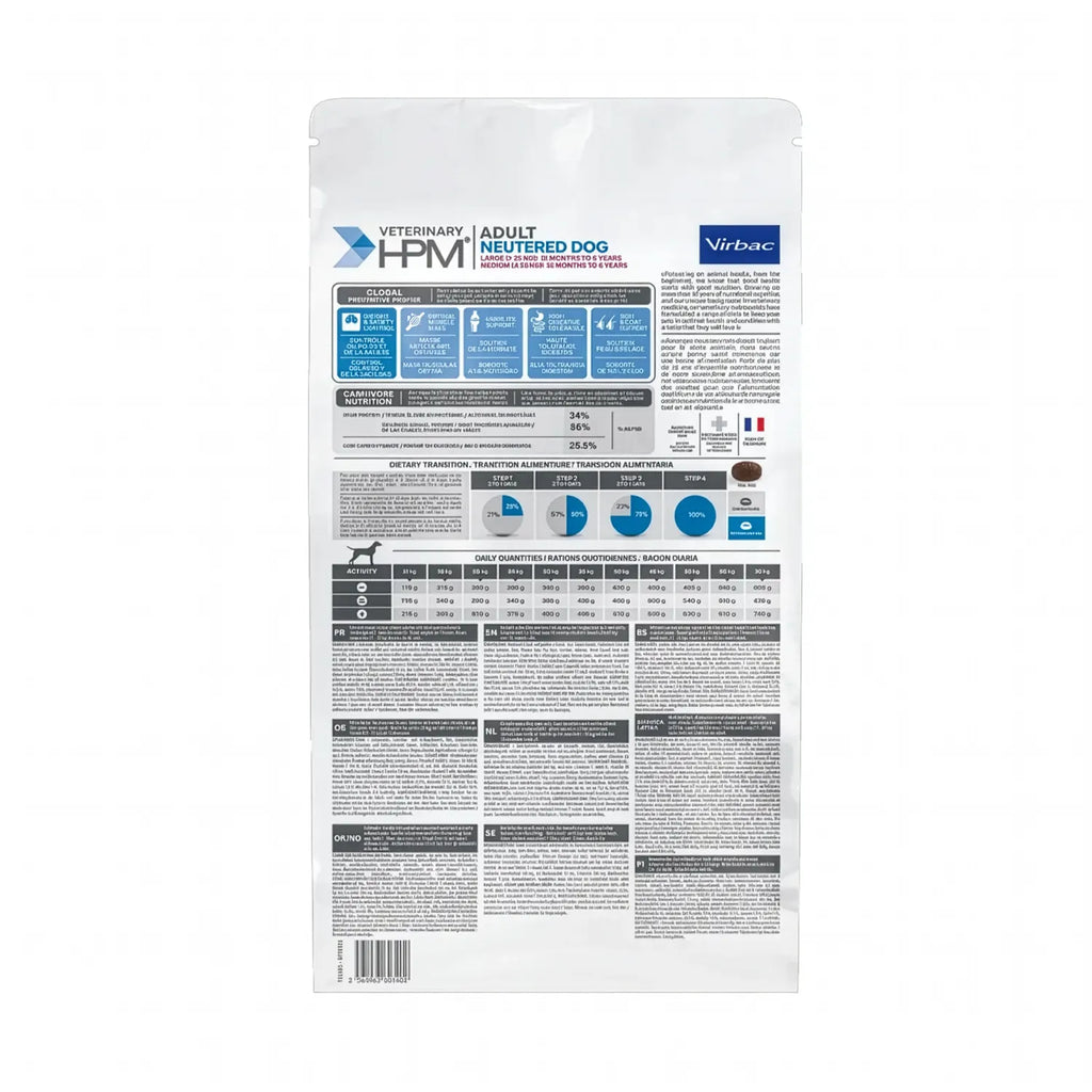 Perro Adulto Neutered Large & Medium Virbac HPM en bolsa blanca y azul con alimento para perros esterilizados