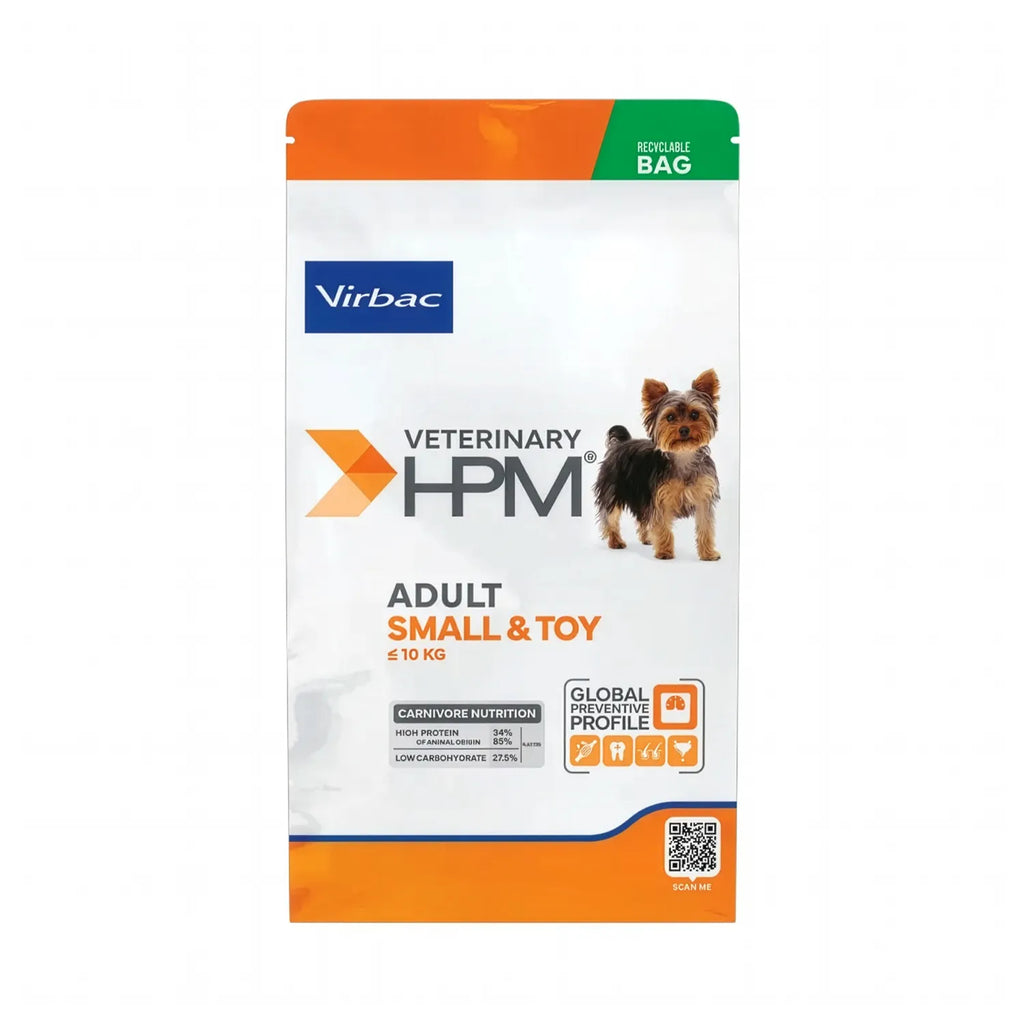 Virbac HPM Perro Adulto Small & Toy alimento seco para razas pequeñas, bolsa blanca con naranja e imagen de perro pequeño.