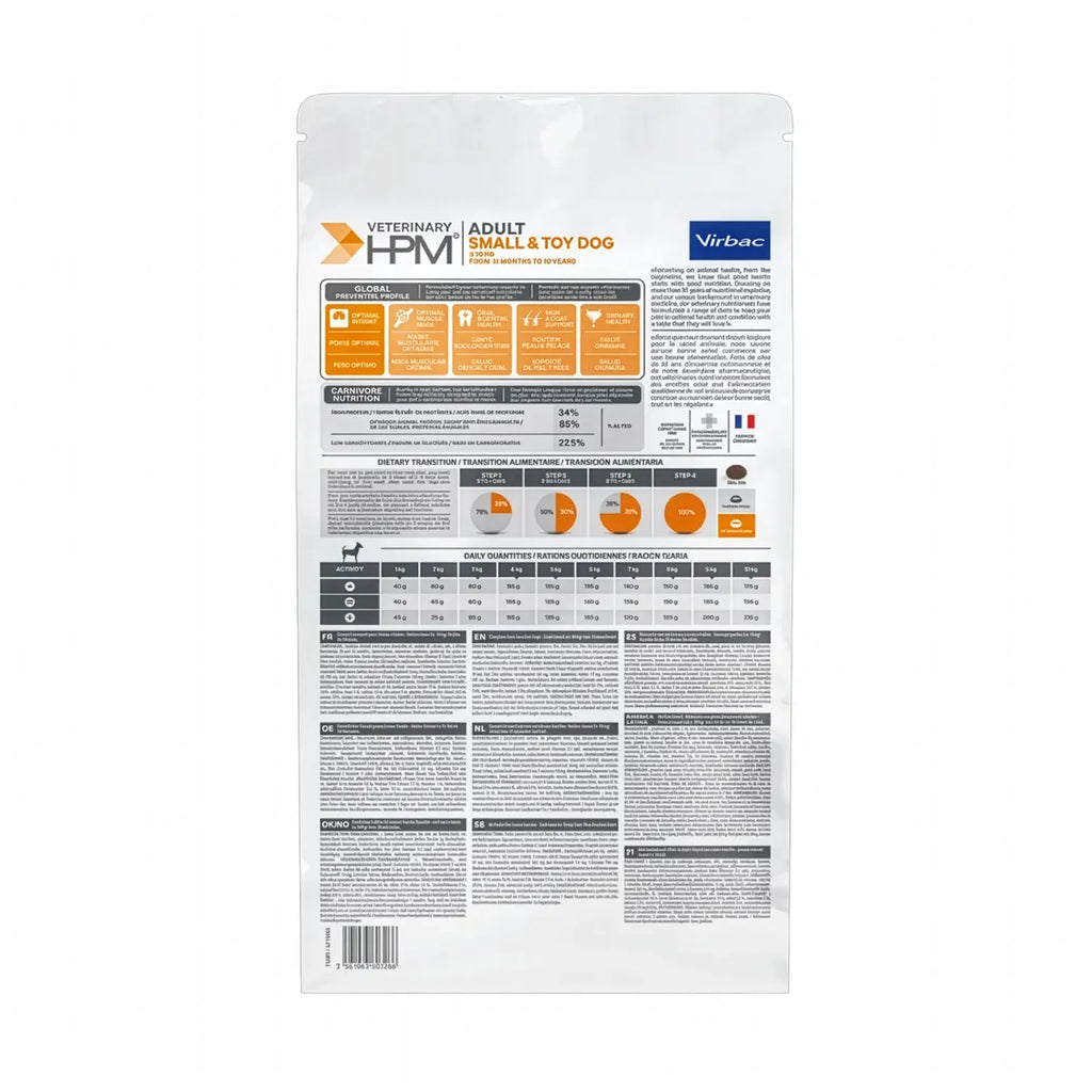 Virbac HPM Perro Adulto Small & Toy alimento seco para razas pequeñas, bolsa blanca con naranja e imagen de perro pequeño.