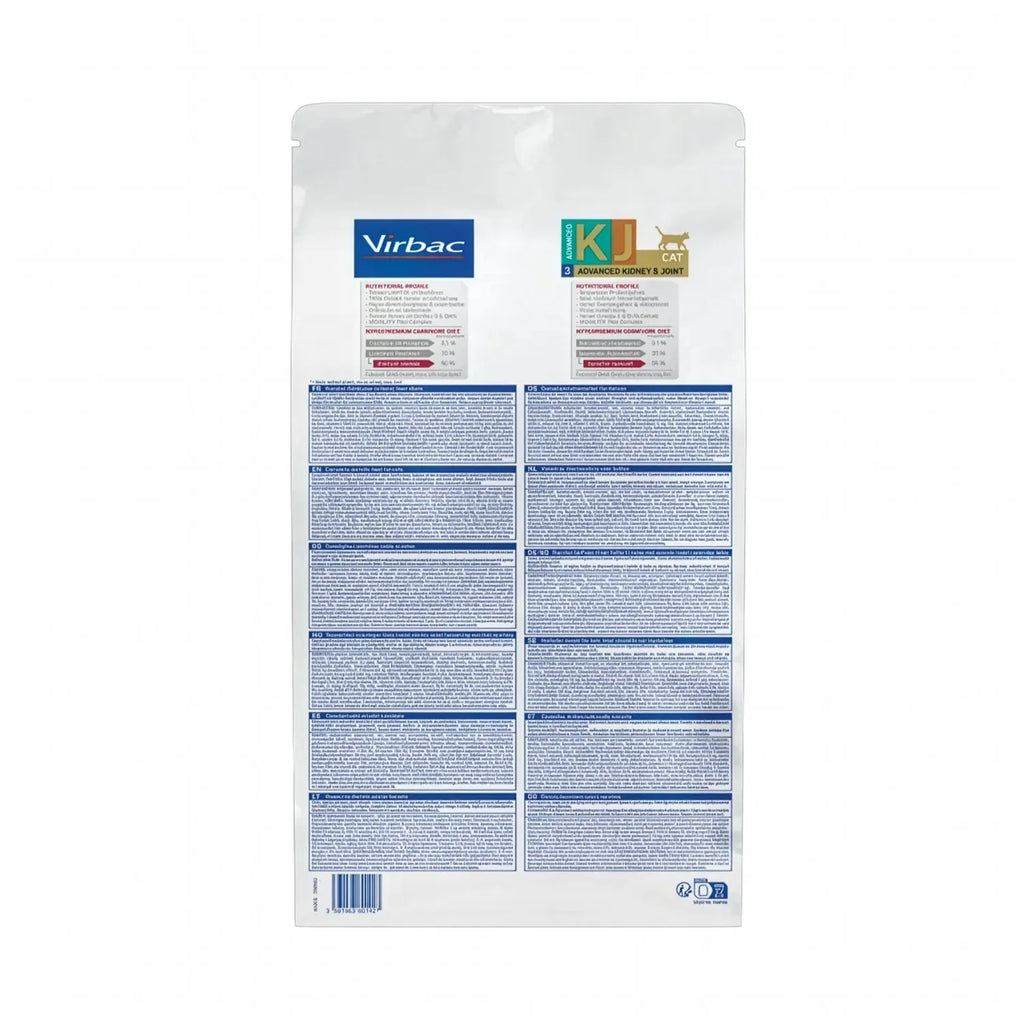 Virbac HPM Gato Advanced Kidney & Joint alimento veterinario, bolsa blanca con detalles verde y naranjo para soporte renal y articular.