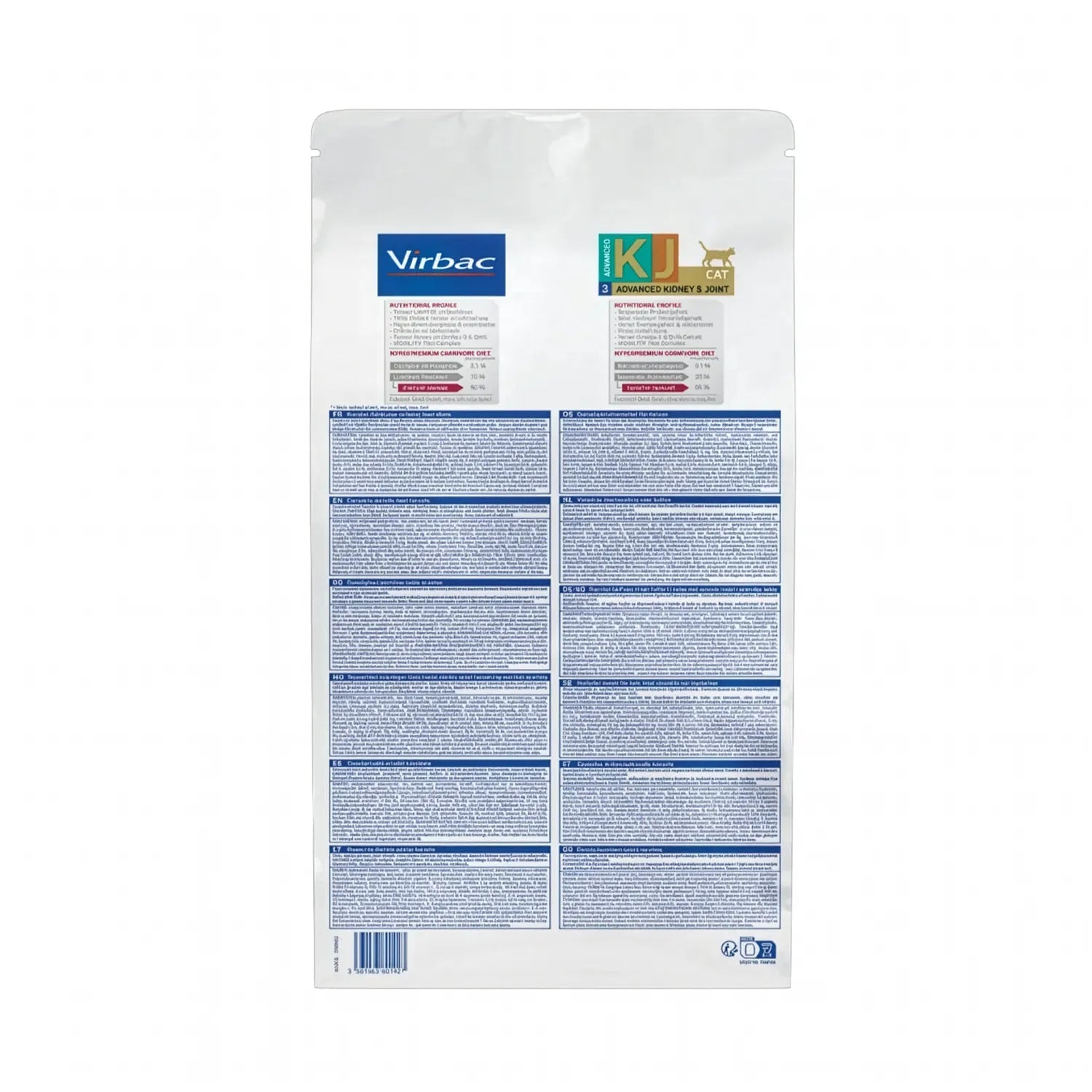 Virbac HPM Gato Advanced Kidney & Joint alimento veterinario, bolsa blanca con detalles verde y naranjo para soporte renal y articular.