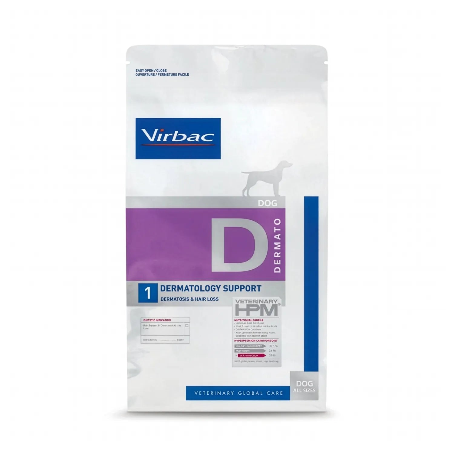 Virbac HPM Dermatology Support para Perros en bolsa blanca y morada con fórmula veterinaria para piel sensible