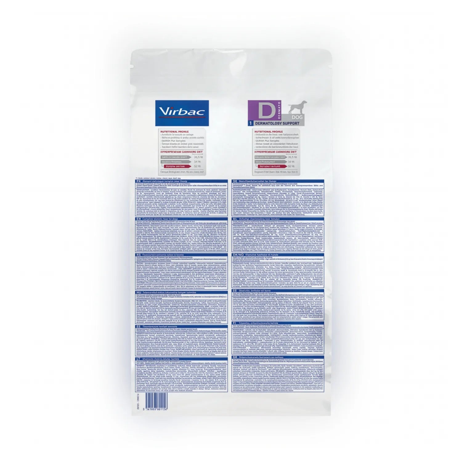 Virbac HPM Dermatology Support para Perros en bolsa blanca y morada con fórmula veterinaria para piel sensible