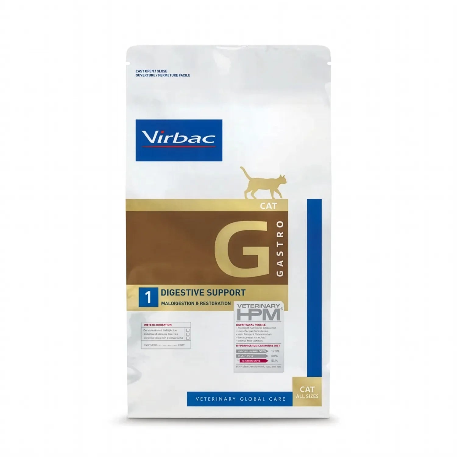 Bolsa de Gato Digestive Support Virbac HPM, alimento clínico para salud digestiva en gatos, diseño blanco con detalles café.