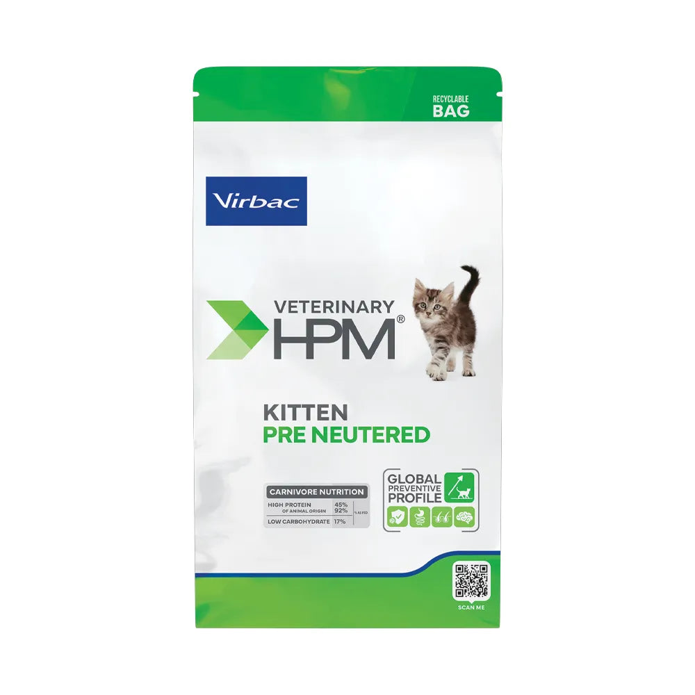 Pre Neutered Baby Cat Gatito Virbac HPM, alimento veterinario para gatitos antes de esterilización con diseño blanco y verde.