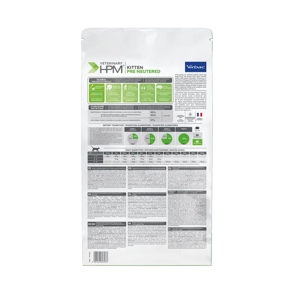 Pre Neutered Baby Cat Gatito Virbac HPM, alimento veterinario para gatitos antes de esterilización con diseño blanco y verde.
