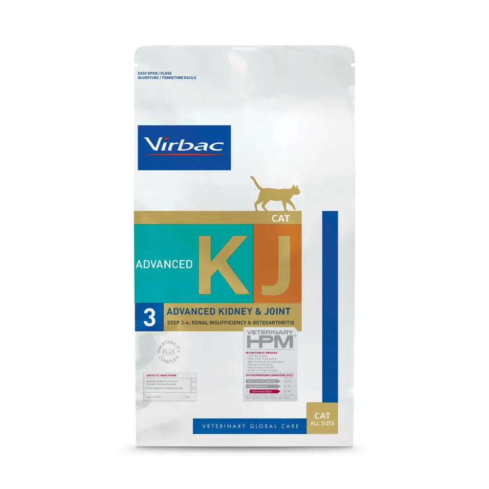 Virbac HPM Gato Advanced Kidney & Joint alimento veterinario, bolsa blanca con detalles verde y naranjo para soporte renal y articular.