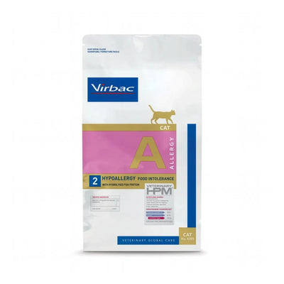 Virbac Cat Allergy Veterinary HPM alimento hipoalergénico para gatos, bolsa blanca con franja rosada para intolerancias alimentarias.