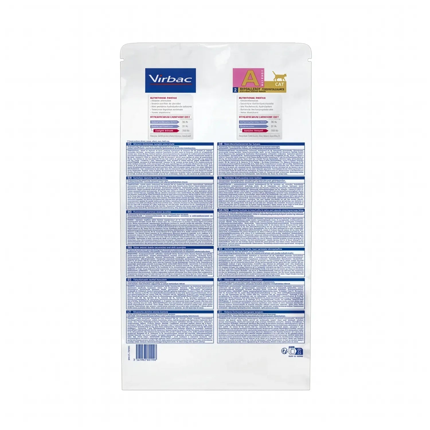 Virbac Cat Allergy Veterinary HPM alimento hipoalergénico para gatos, bolsa blanca con franja rosada para intolerancias alimentarias.