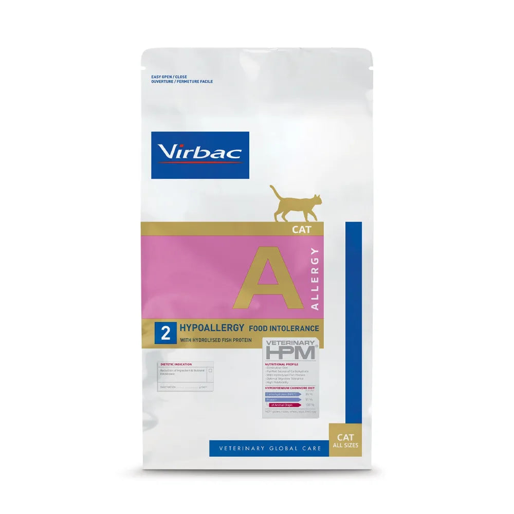 Virbac Cat Allergy Veterinary HPM alimento hipoalergénico para gatos, bolsa blanca con franja rosada para intolerancias alimentarias.