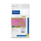 Virbac Cat Allergy Veterinary HPM alimento hipoalergénico para gatos, bolsa blanca con franja rosada para intolerancias alimentarias.
