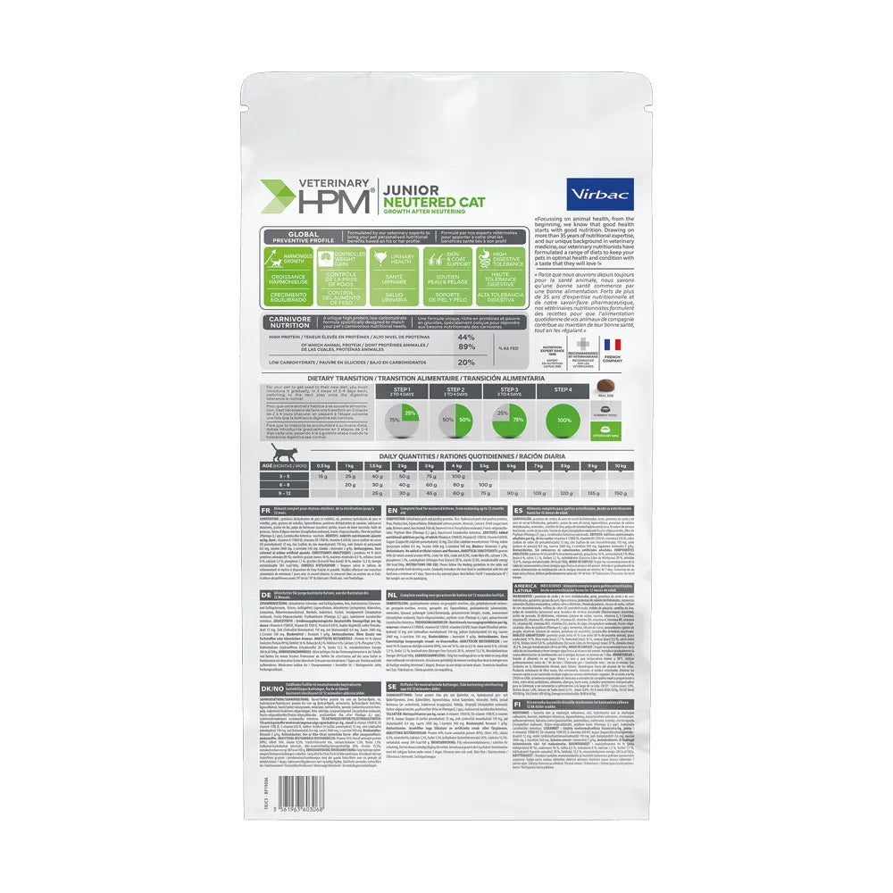 Neutered Gato Junior Virbac HPM, alimento veterinario para crecimiento de gatitos esterilizados con fórmula balanceada.