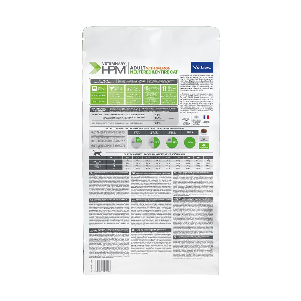Bolsa de Virbac HPM Neutered Gato Adulto de Salmón, alimento veterinario para gatos adultos esterilizados con receta de salmón.