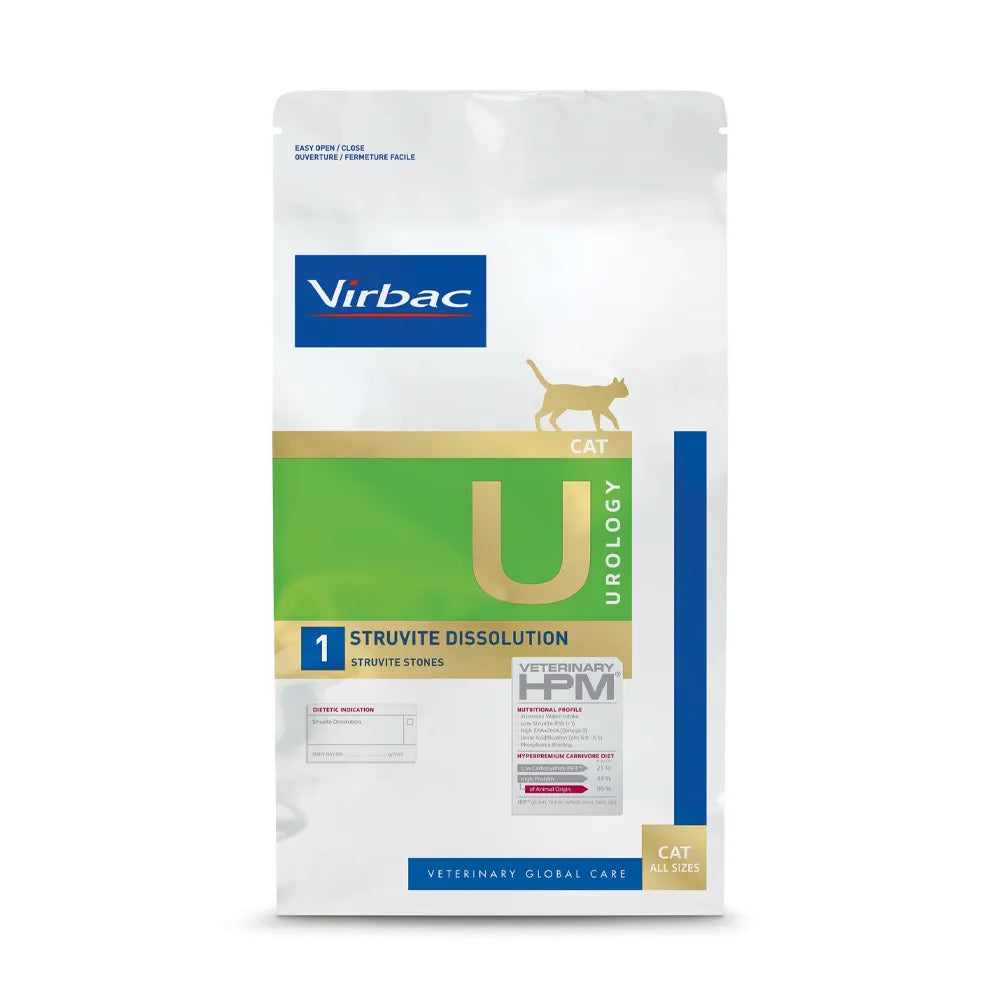 Gato Urology Struvite Dissolution Virbac HPM alimento veterinario, bolsa blanca con franja verde para disolución de cálculos urinarios.