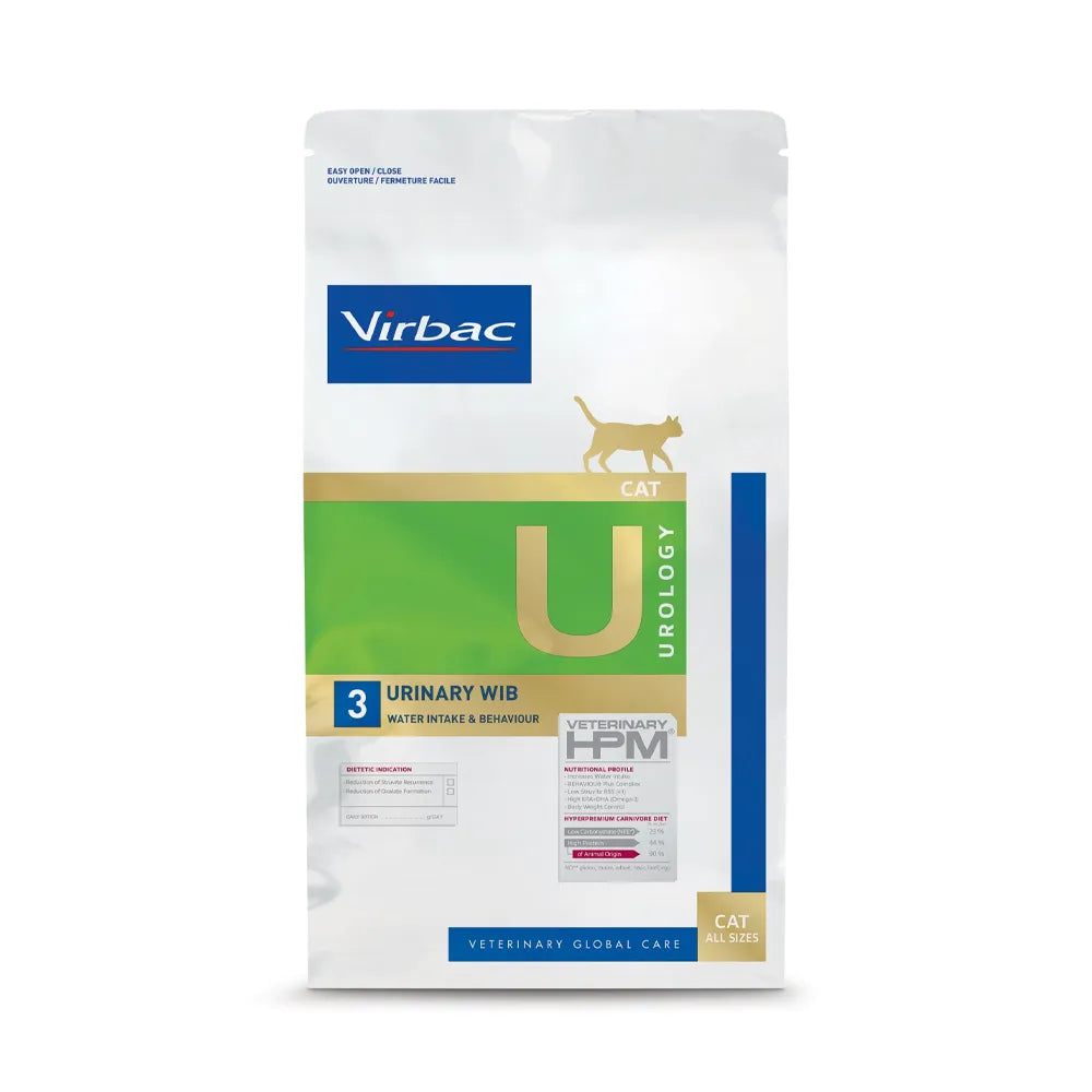 Gato Urology Urinary Wib Virbac HPM alimento veterinario, bolsa blanca con franja verde para salud urinaria y control de hidratación.