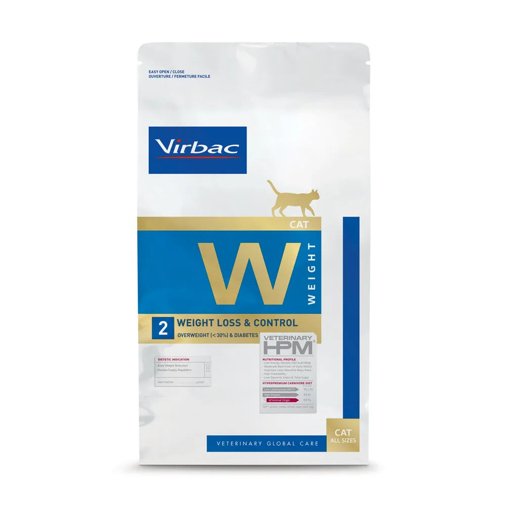Gato Weight Loss & Control Virbac HPM alimento seco veterinario, bolsa blanca con azul para control de peso en gatos.