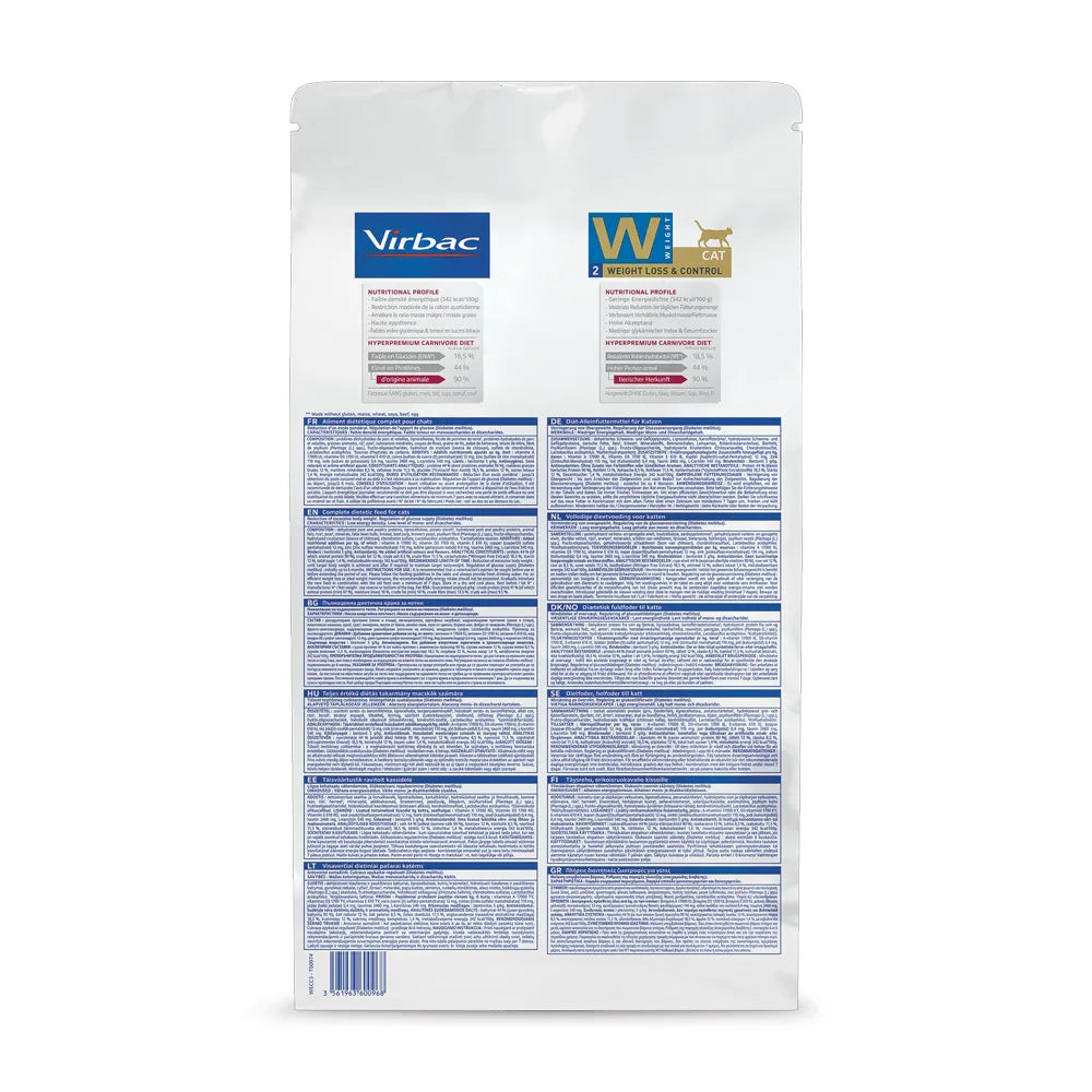 Gato Weight Loss & Control Virbac HPM alimento seco veterinario, bolsa blanca con azul para control de peso en gatos.
