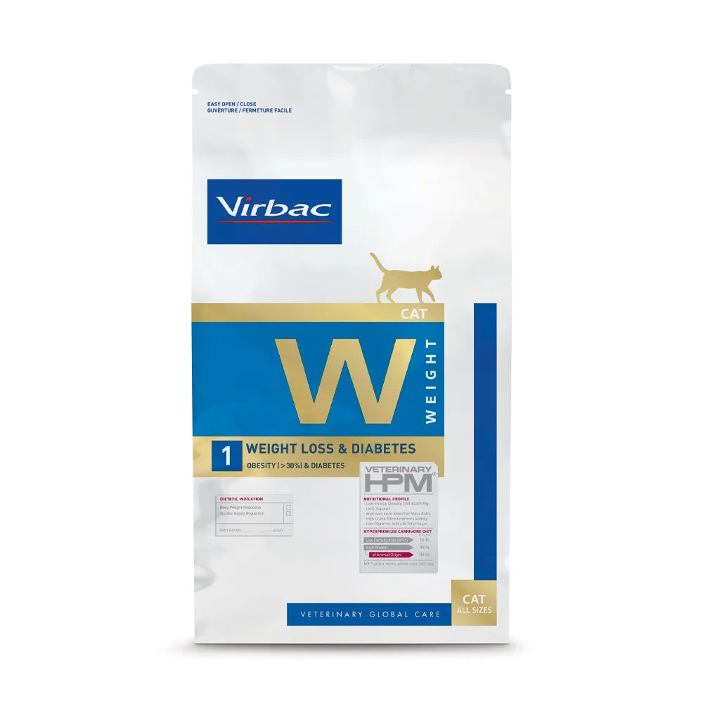 Gato Weight Loss & Diabetes Virbac HPM alimento clínico, bolsa blanca con franja azul, control de peso y diabetes en gatos.
