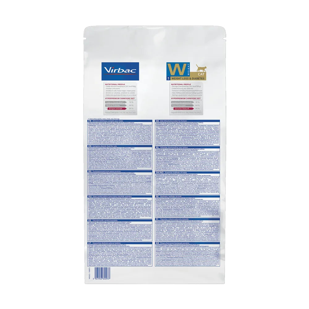 Gato Weight Loss & Diabetes Virbac HPM alimento clínico, bolsa blanca con franja azul, control de peso y diabetes en gatos.