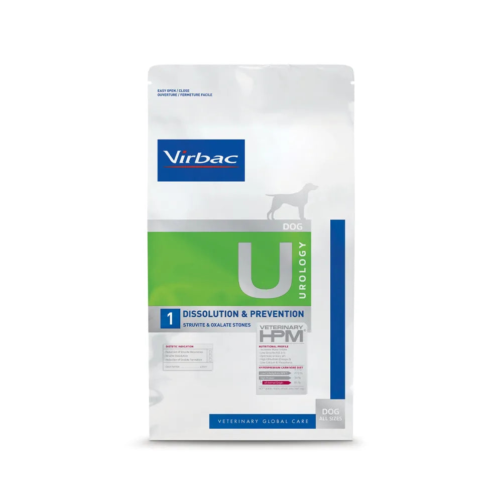 Bolsa de Perro Urology Dissolution & Prevention Virbac HPM, alimento clínico para disolución y prevención de cálculos urinarios.
