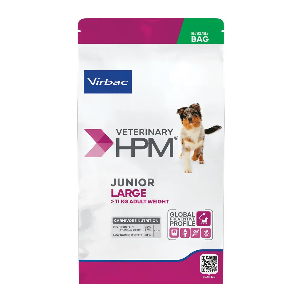 Perro Junior Special Large Virbac HPM alimento seco, bolsa blanca con franja rosada y perro, para cachorros de razas grandes.
