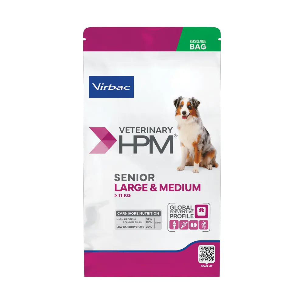Perro Senior Large & Medium Virbac HPM alimento seco, bolsa blanca con franja rosada y perro, para razas medianas y grandes.