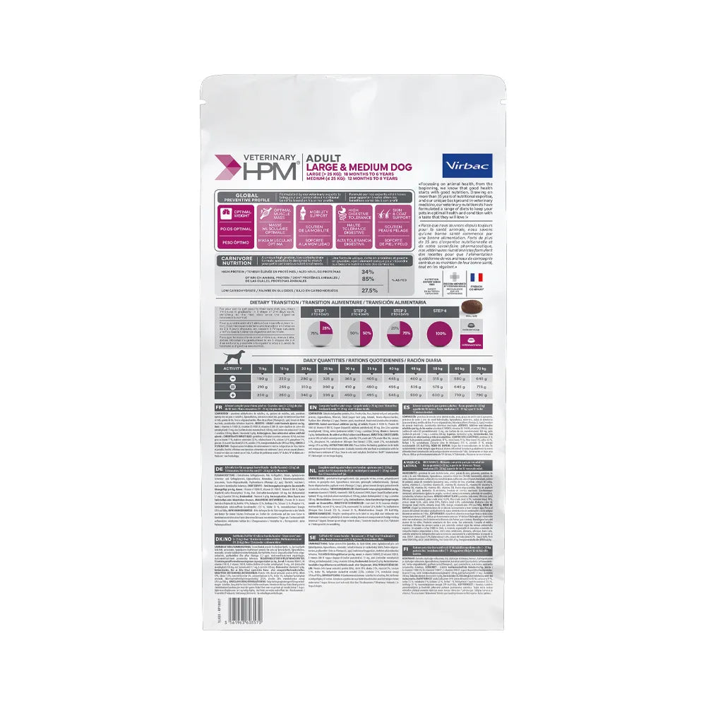 Bolsa de Perro Adulto Large & Medium Virbac HPM, alimento veterinario para perros adultos de razas medianas y grandes.