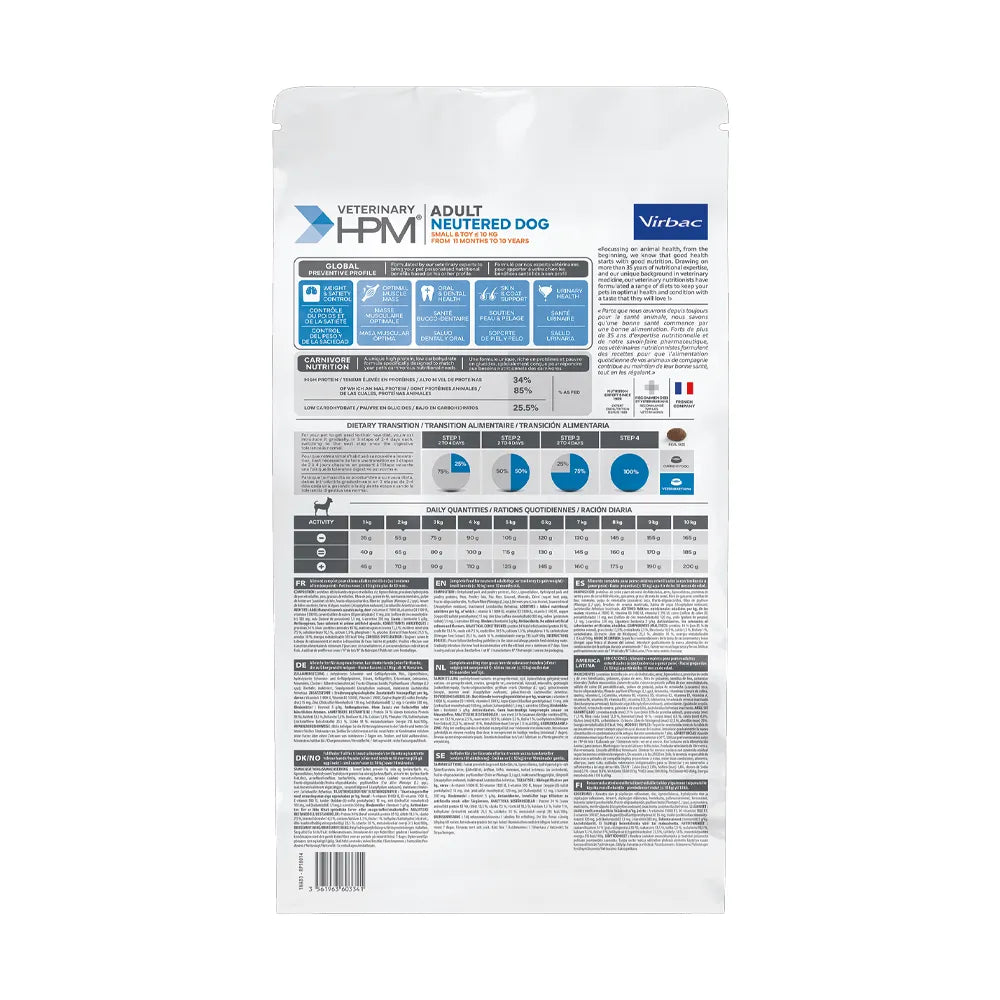 Perro Adulto Neutered Small & Toy Virbac HPM, alimento veterinario para perros pequeños esterilizados con diseño blanco y azul.