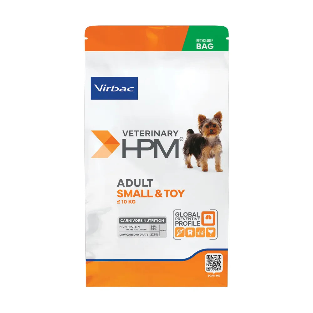 Virbac HPM Perro Adulto Small & Toy alimento seco para razas pequeñas, bolsa blanca con naranja e imagen de perro pequeño.