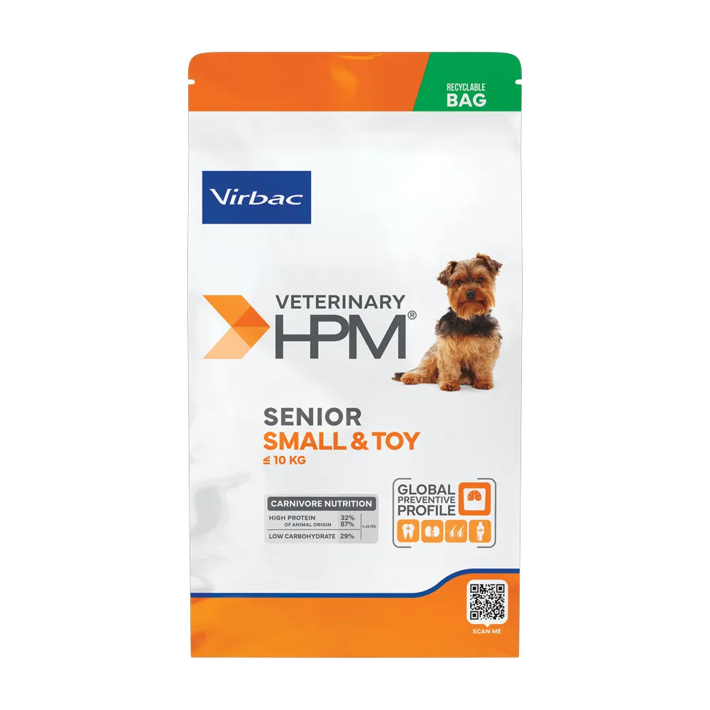 Perro Senior Small & Toy Virbac HPM alimento seco para perros mayores de razas pequeñas, bolsa blanca con naranja e imagen de perro.
