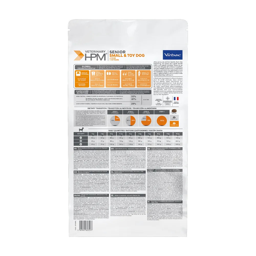 Perro Senior Small & Toy Virbac HPM alimento seco para perros mayores de razas pequeñas, bolsa blanca con naranja e imagen de perro.