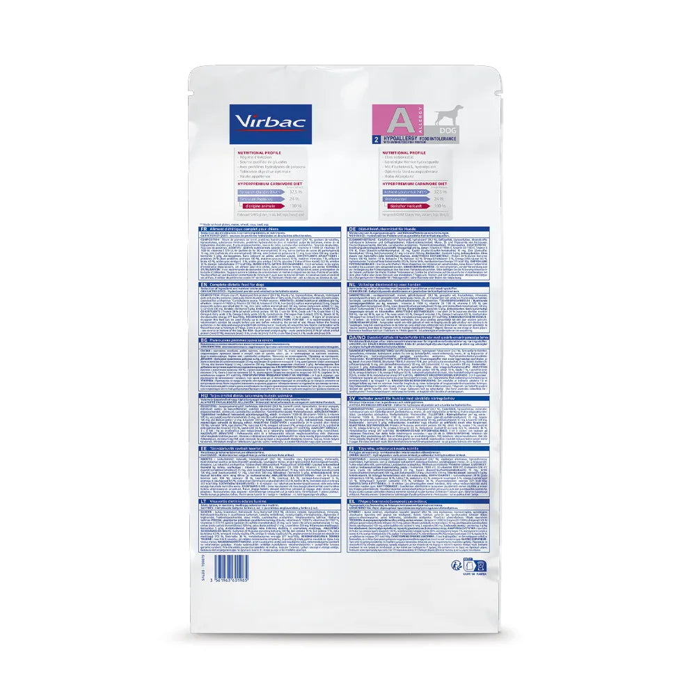 Bolsa de Perro Allergy A2 Virbac HPM Intolerancia alimentaria - Pescado, alimento hipoalergénico para perros con proteína de pescado.