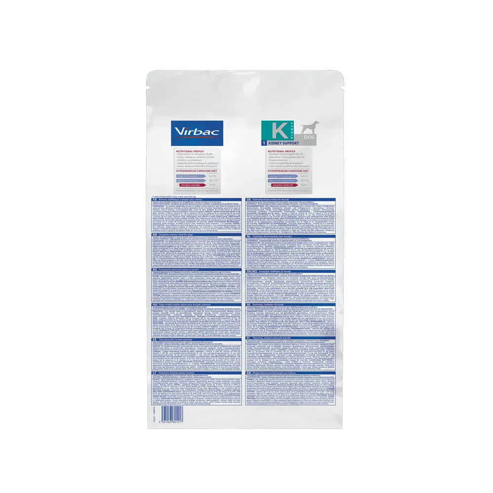 Perro Kidney Support Virbac HPM, alimento clínico para insuficiencia renal en perros, diseño blanco con detalles verdes.