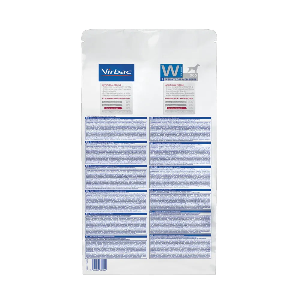 Perro Weight Loss & Diabetes Virbac HPM alimento veterinario, bolsa blanca con azul para control de peso y diabetes en perros.
