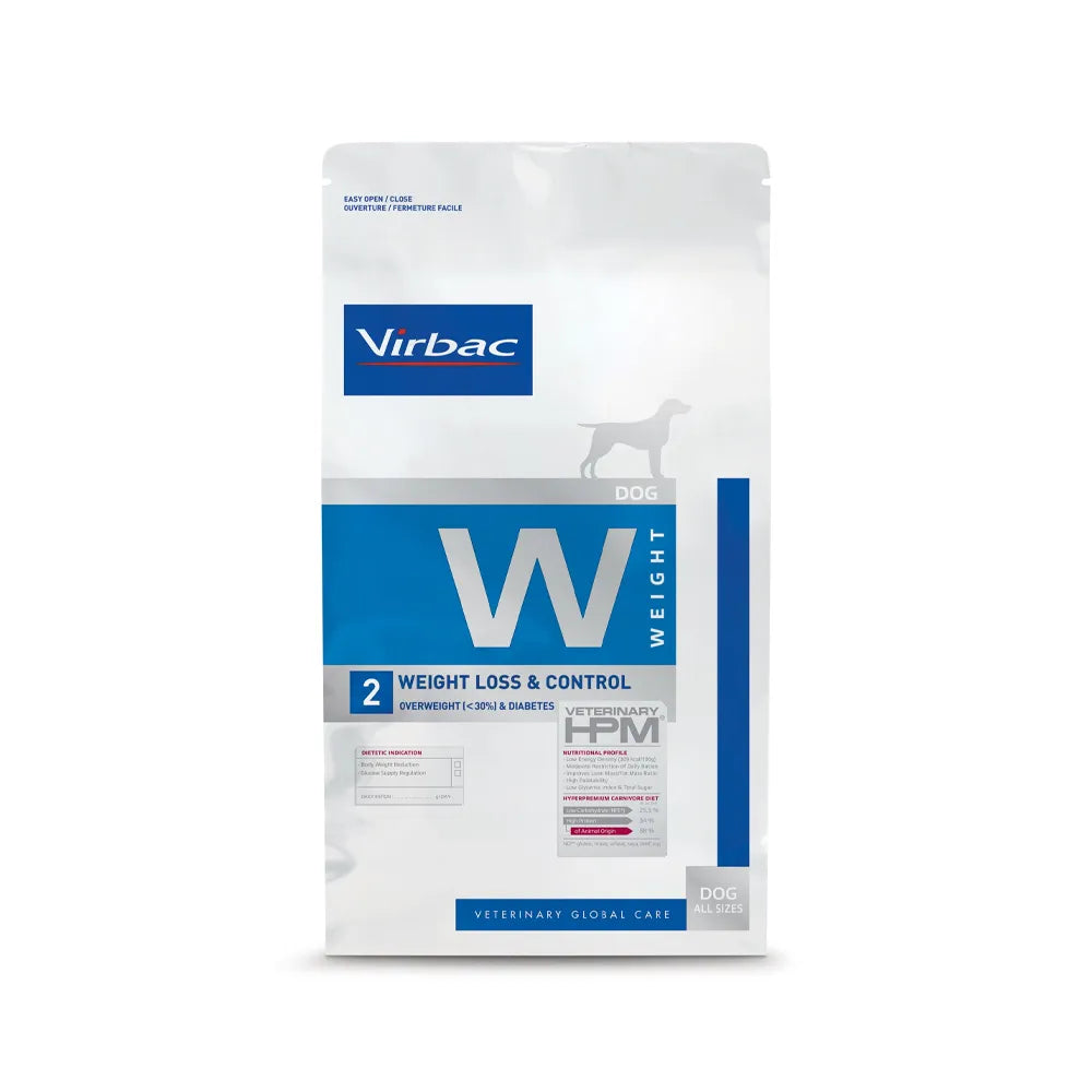 Perro Weight Loss & Control Virbac HPM, alimento clínico para pérdida de peso y control en perros, diseño blanco y azul.