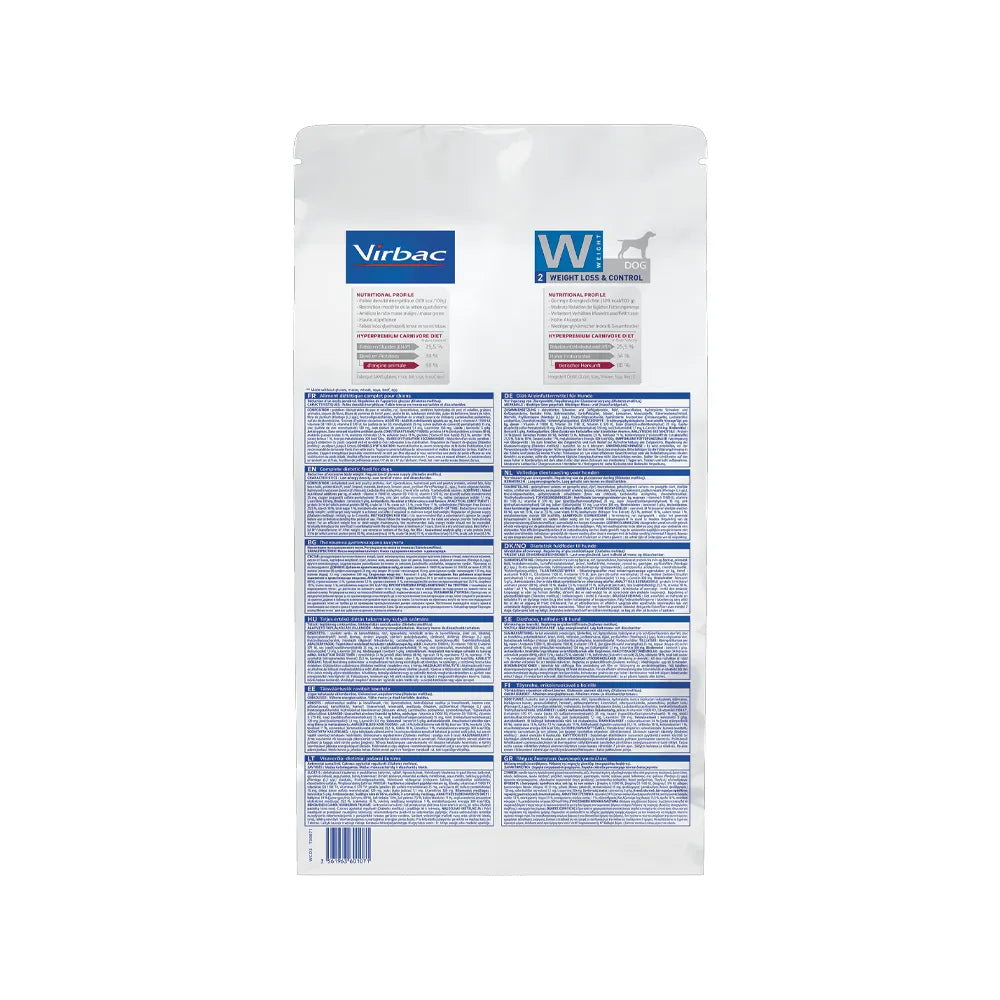 Perro Weight Loss & Control Virbac HPM, alimento clínico para pérdida de peso y control en perros, diseño blanco y azul.