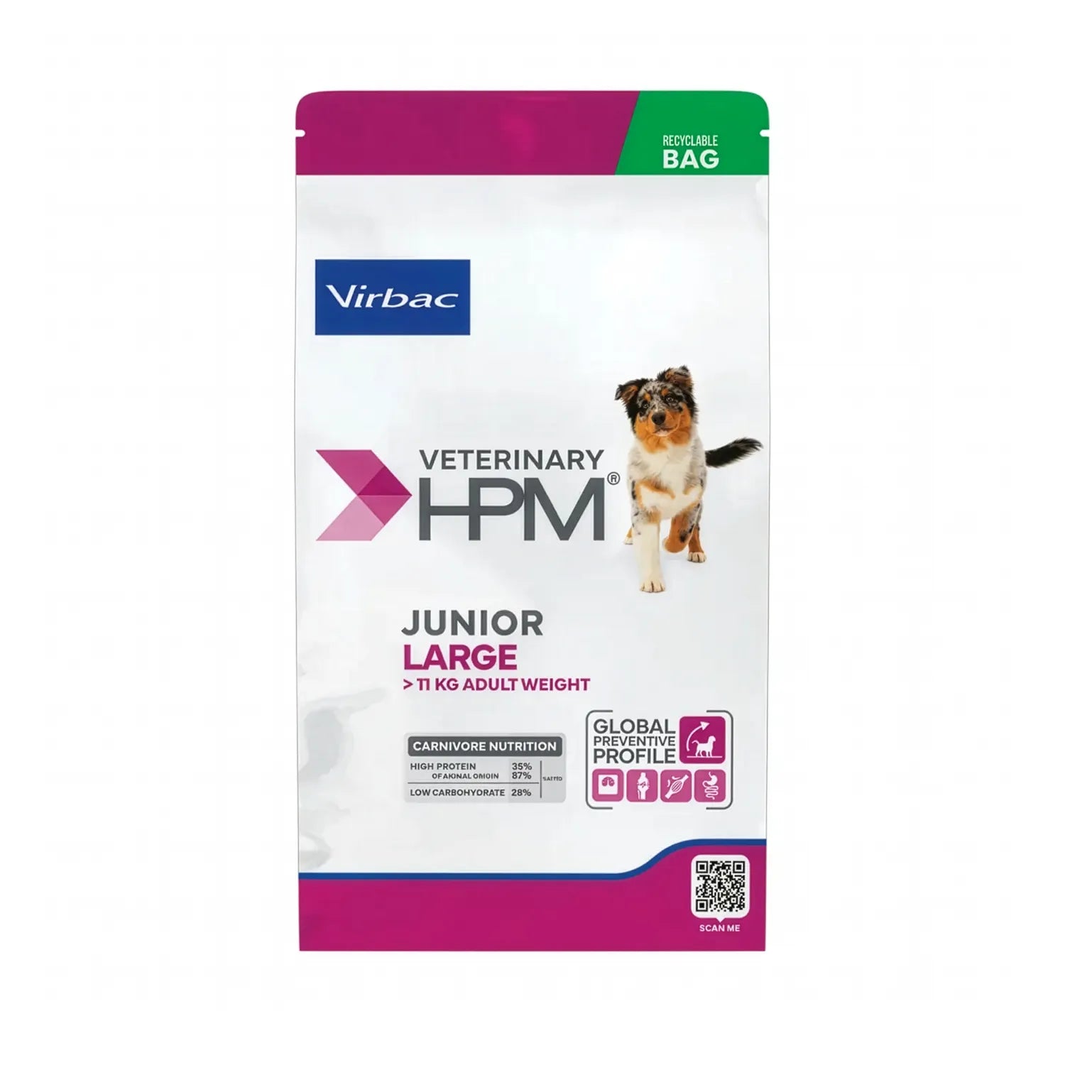 Perro Junior Special Large Virbac HPM alimento seco, bolsa blanca con franja rosada y perro, para cachorros de razas grandes.