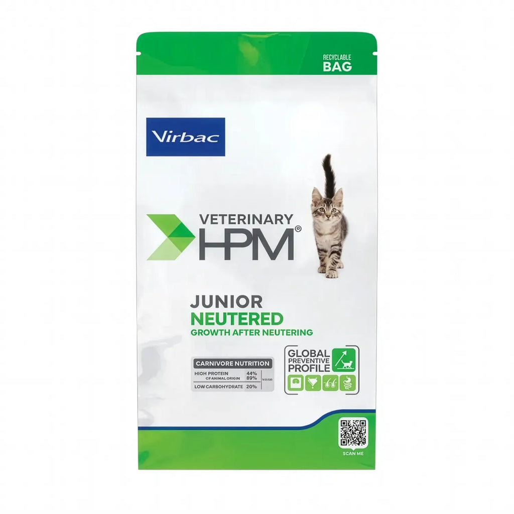Neutered Gato Junior Virbac HPM, alimento veterinario para crecimiento de gatitos esterilizados con fórmula balanceada.