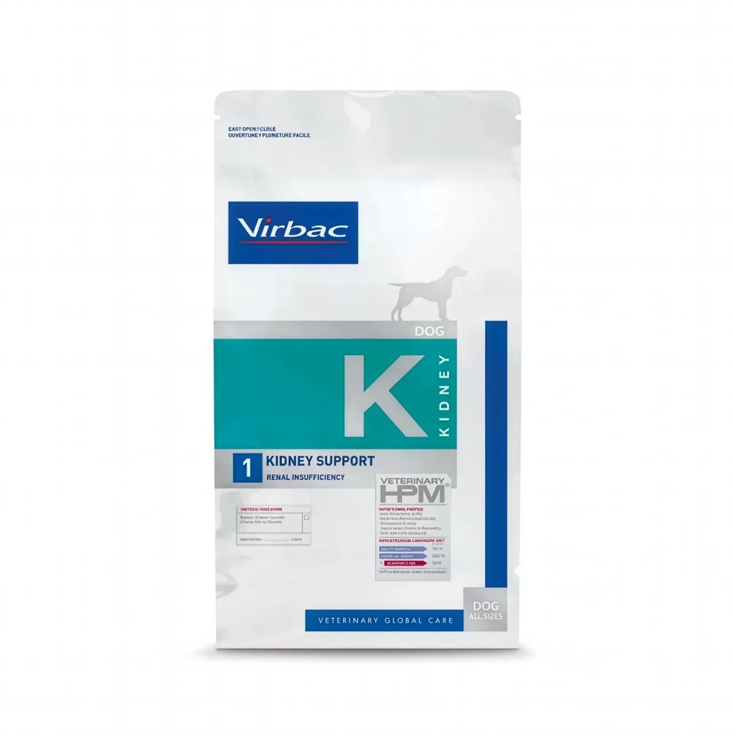 Perro Kidney Support Virbac HPM, alimento clínico para insuficiencia renal en perros, diseño blanco con detalles verdes.