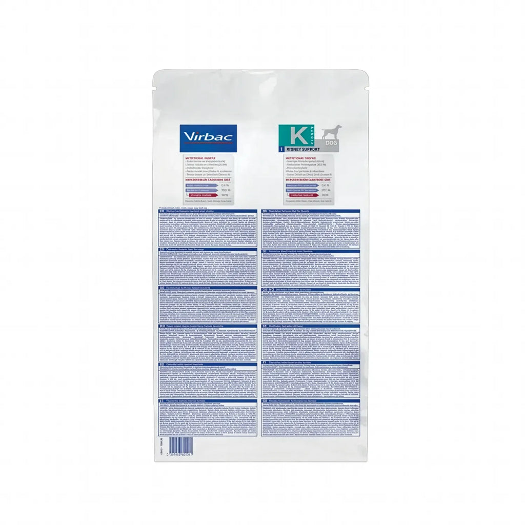 Perro Kidney Support Virbac HPM, alimento clínico para insuficiencia renal en perros, diseño blanco con detalles verdes.