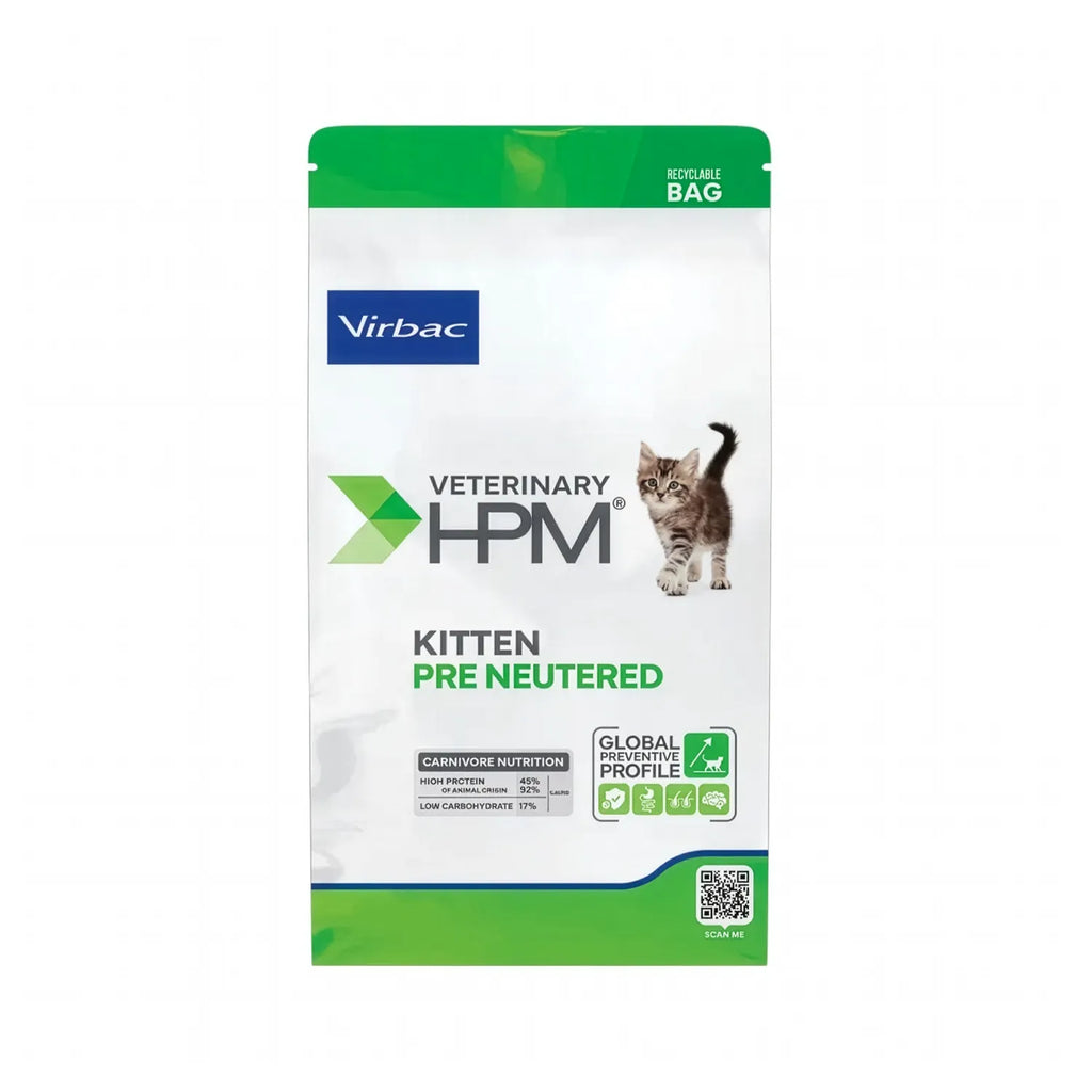 Pre Neutered Baby Cat Gatito Virbac HPM, alimento veterinario para gatitos antes de esterilización con diseño blanco y verde.
