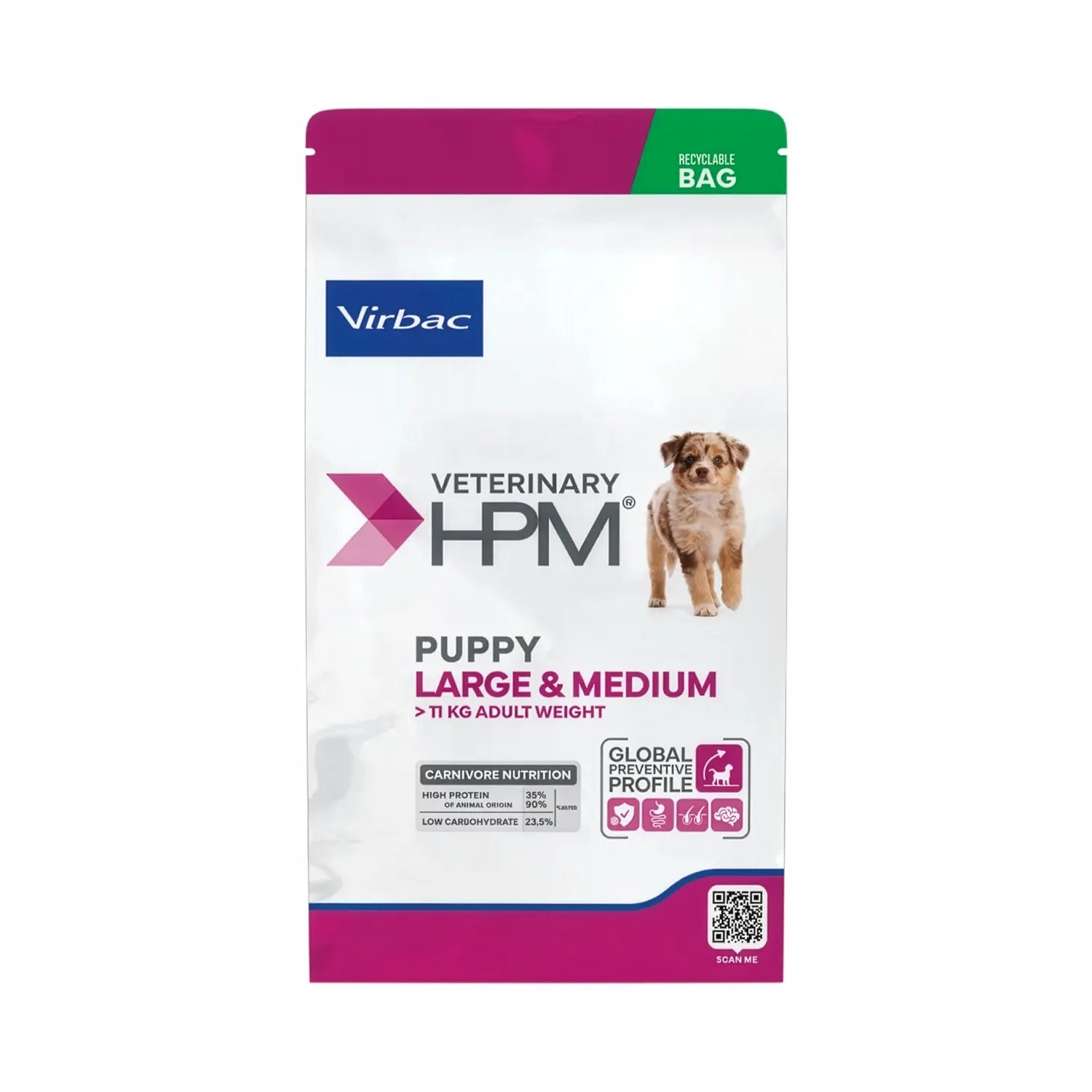 Cachorro Large & Medium Virbac HPM, alimento veterinario para cachorros de razas medianas y grandes, diseño blanco.