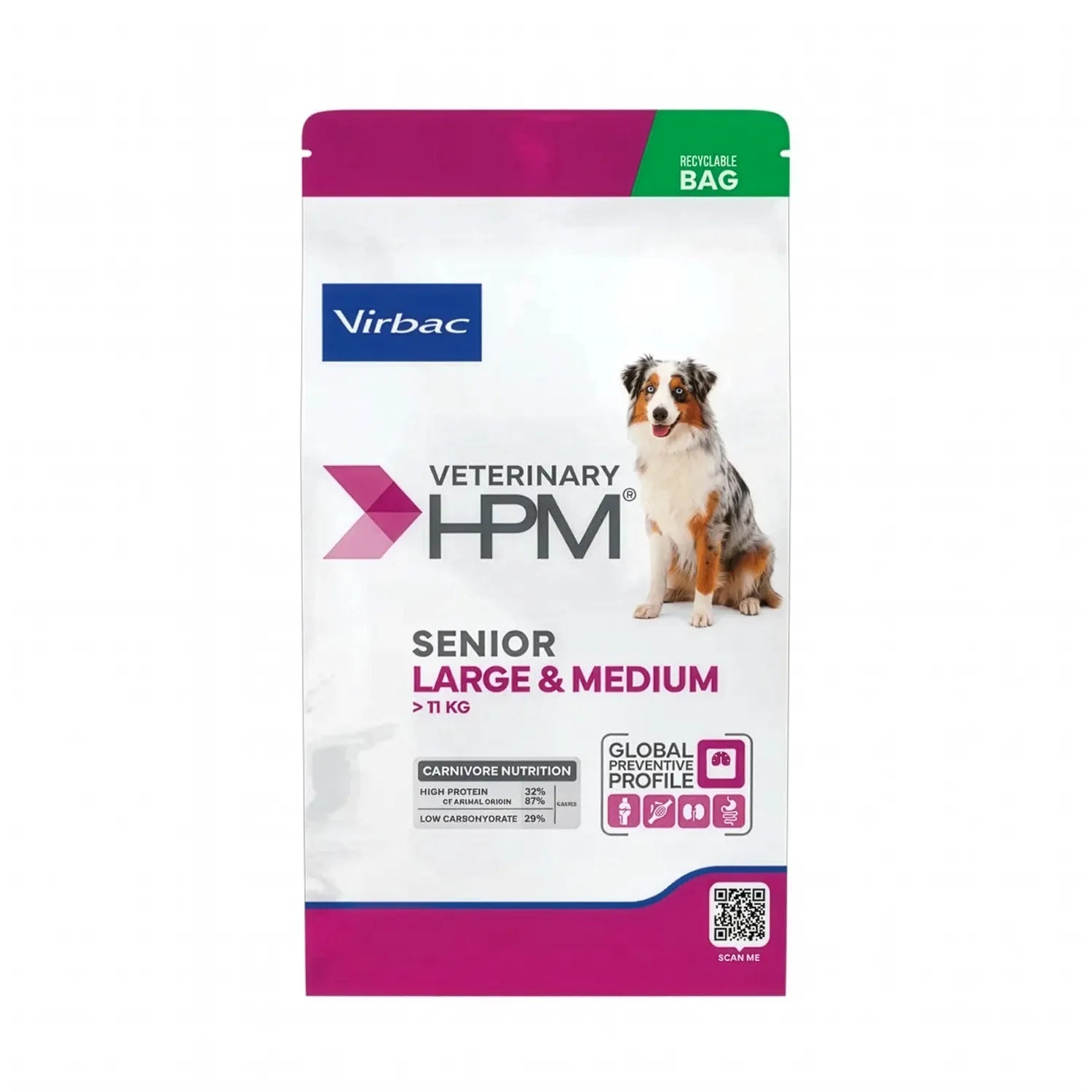 Perro Senior Large & Medium Virbac HPM alimento seco, bolsa blanca con franja rosada y perro, para razas medianas y grandes.