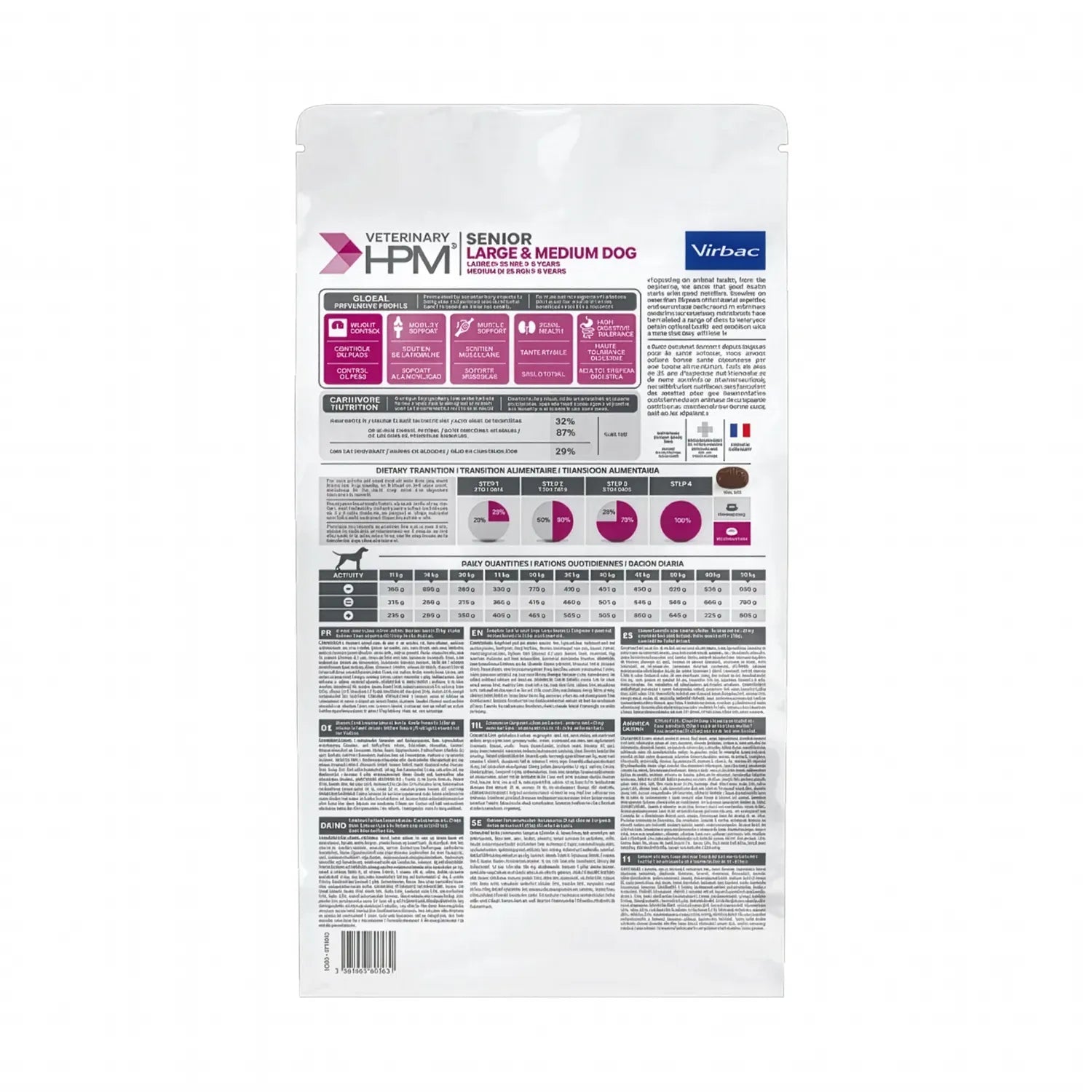 Perro Senior Large & Medium Virbac HPM alimento seco, bolsa blanca con franja rosada y perro, para razas medianas y grandes.