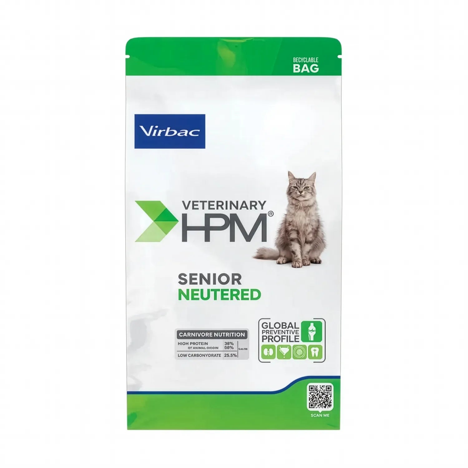 Bolsa Virbac HPM Neutered Gato Senior con diseño clínico, proteína alta y alimento para gatos esterilizados