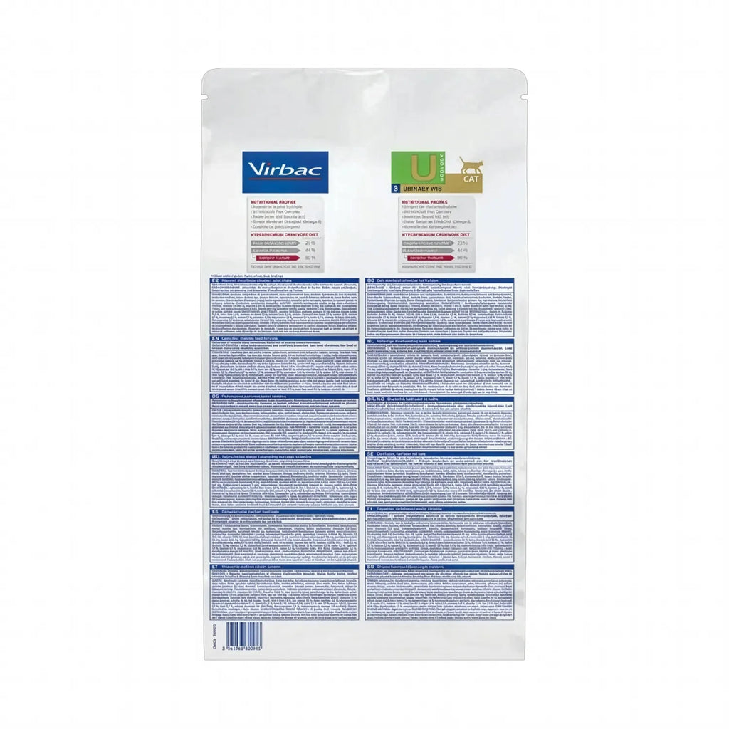 Gato Urology Urinary Wib Virbac HPM alimento veterinario, bolsa blanca con franja verde para salud urinaria y control de hidratación.